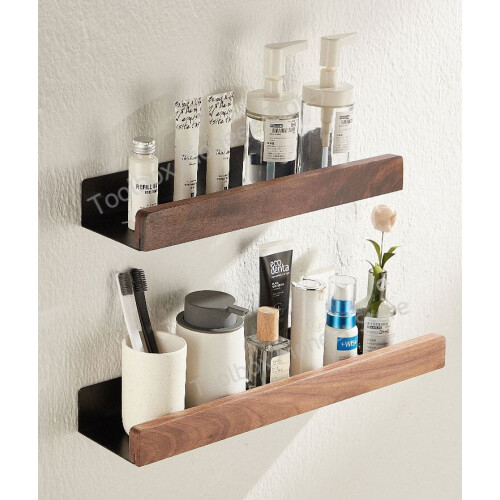 Wooden Floating Wall Shelf for Bathroom Shampoo Storage 1