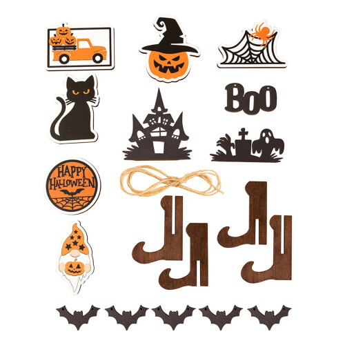 Conjunto de enfeites de madeira para bandeja de abóbora e morcego de Halloween 1