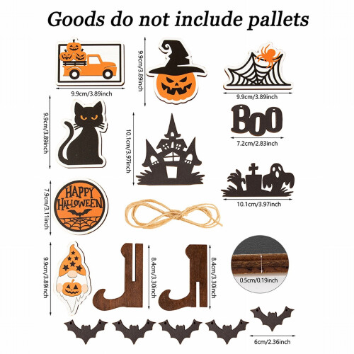 Conjunto de enfeites de madeira para bandeja de abóbora e morcego de Halloween 2