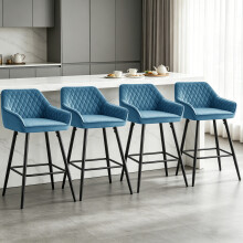 (4pcs, TEAL(Velvet)) Set of 4 Bar Stools Velvet Padded Seat&Armrest Metal Legs Breakfast Chair