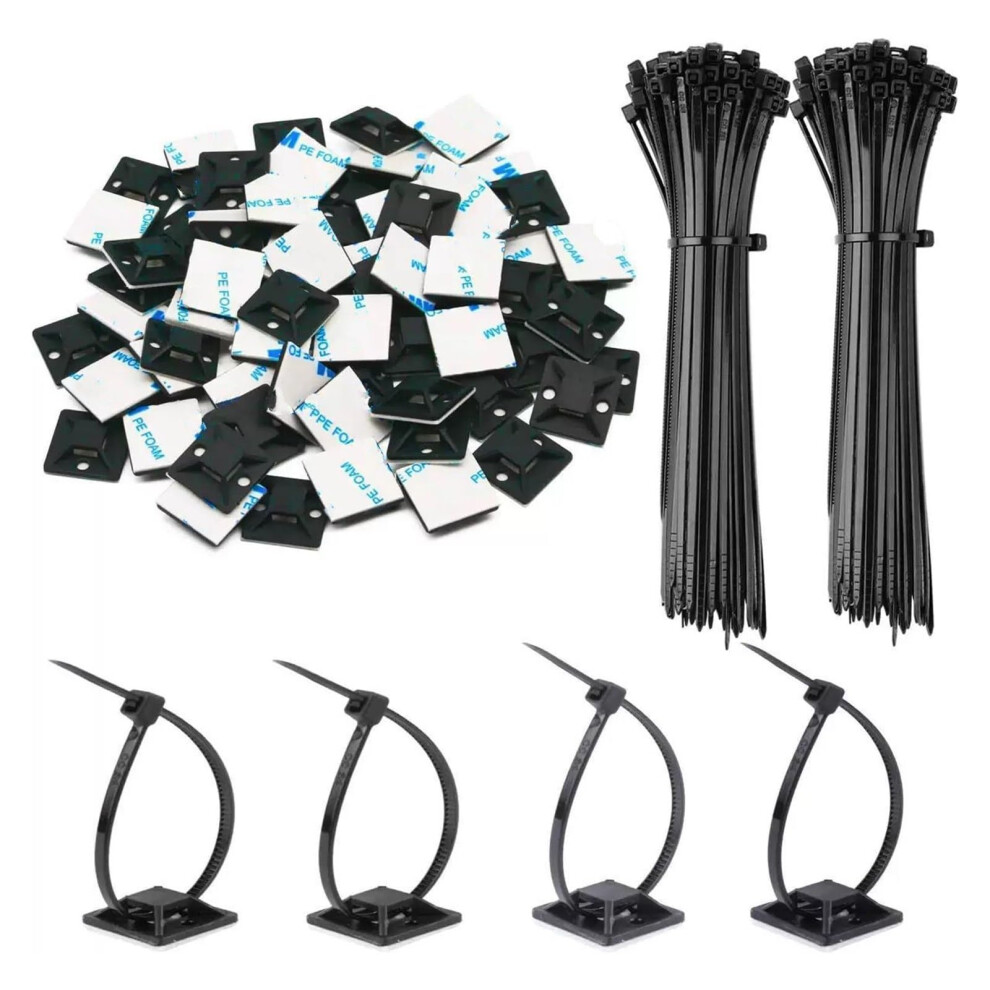 100Pcs Selflocking Nylon Cable Ties 3X150mm With Adhesive Mount Cable Tie Base 20X20 Black For Wire Management 9310869825296