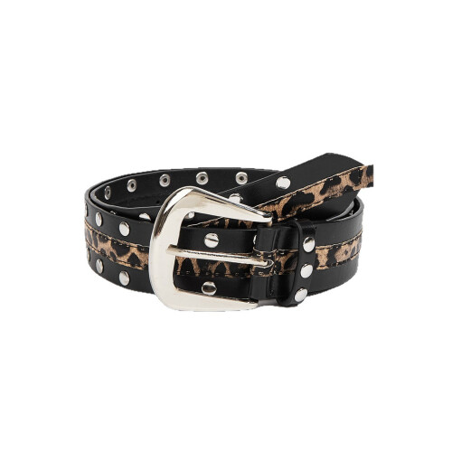 Double Row Studded Waist Belt with Leopard-black leopard print