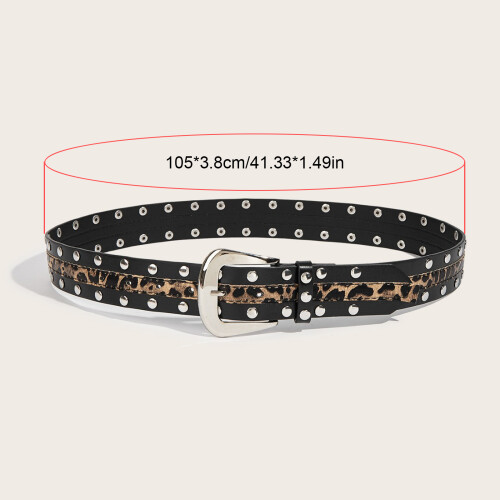 Double Row Studded Waist Belt with Leopard-black leopard print 2