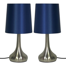 Set of 2 Chrome Teardrop Touch Lamps | Navy Silk Dimmable