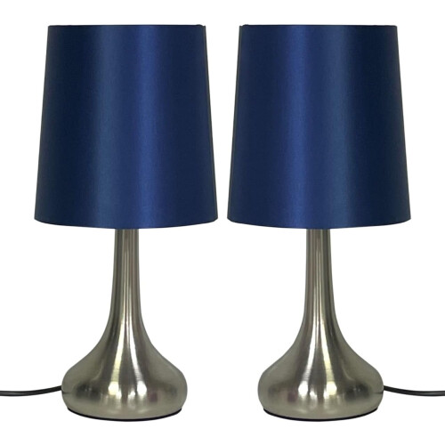 Set of 2 Chrome Teardrop Touch Lamps | Navy Silk Dimmable