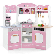 Puinen kulmapelikeittiö ääni- ja amp; Valo & Kahvinkeitin & Slide Toddler Kitchen Playset Pink