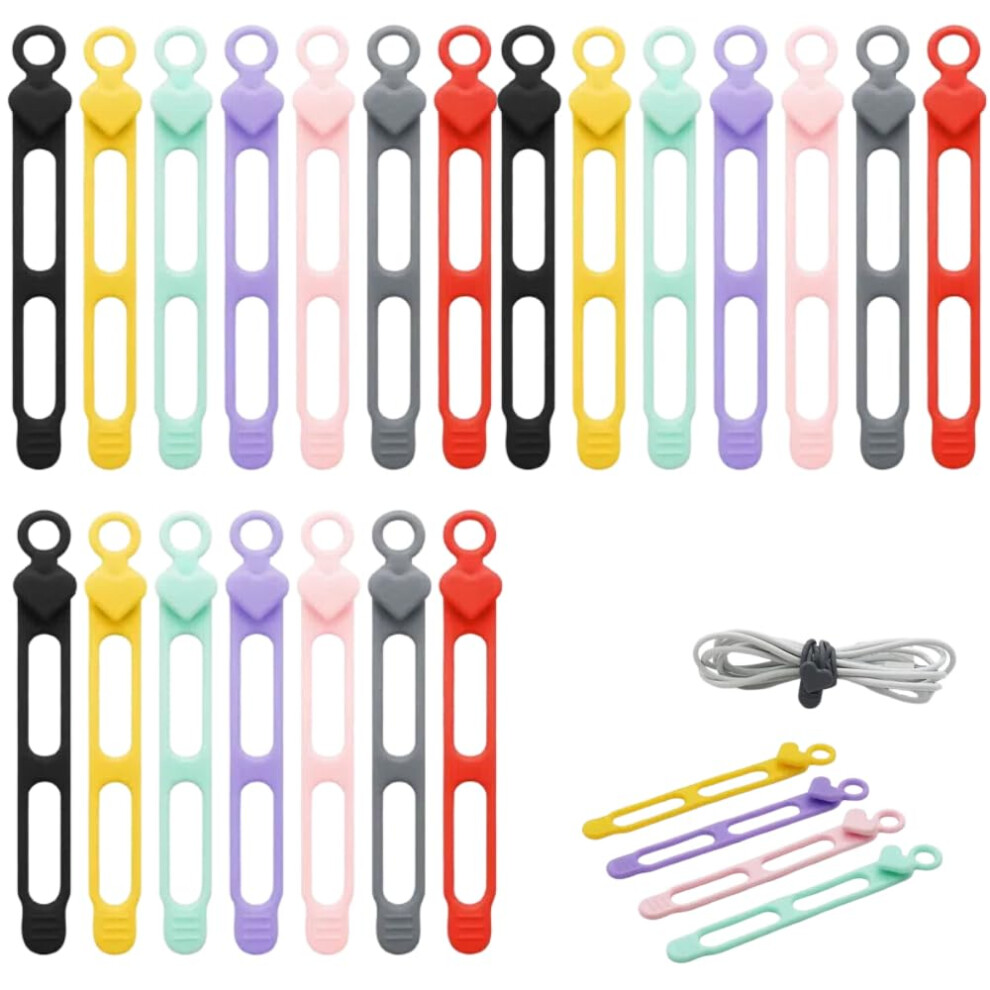 Reusable Silicone Cable Organizer Set Â Colorcoded Elastic Cable Ties For Desk And Home (Small 21Pcs) 9330225821595