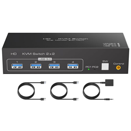 KVM Compatível com  para 2 Monitores e 2 Computadores, 4K60Hz, para Compartilhamento de Dois PCs ou Laptops (UE)