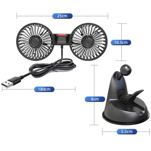 Auto-USB-Ventilator mit Saugnapf und Doppelkopf (Schwarz) 1