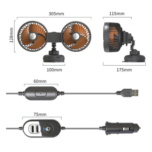 Large Suction Cup Vehicle-Mounted Double-Head Fan, Model: Cigarette Lighter with USB 2