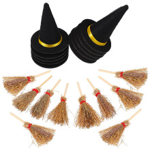 20Pcs Miniature Witch Hat Brooms Felt Wood Halloween Craft Accessories