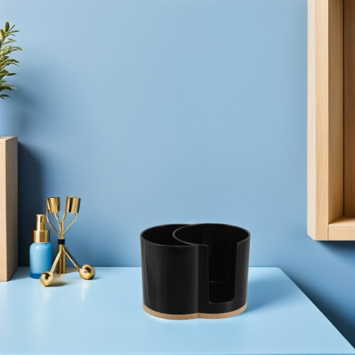 Black Plastic Round Cotton Ball Holder Bathroom Vanity Organizer 2