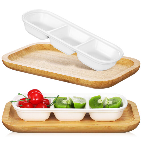 2Pcs Multi-Compartment Ceramic Dipping Dishes with Wooden Serving Tray