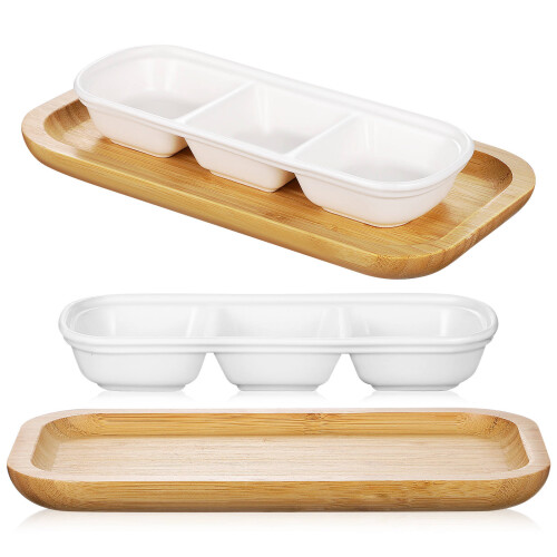 2Pcs Multi-Compartment Ceramic Dipping Dishes with Wooden Serving Tray 1
