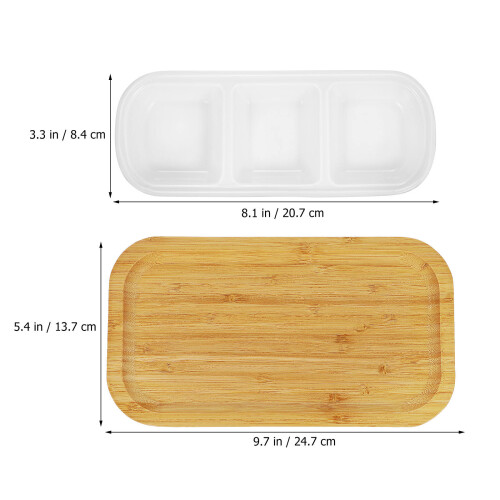 2Pcs Multi-Compartment Ceramic Dipping Dishes with Wooden Serving Tray 2