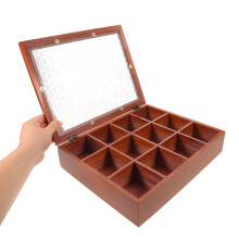 Vintage Style Wooden Jewelry Box with Glass Top 12 Grid Organizer