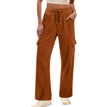 Womens Corduroy Pants Casual High Elastic-Dark Brown L