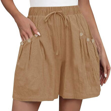 Womens Shorts Casual Elastic Waist Drawstring -Khaki XXXL