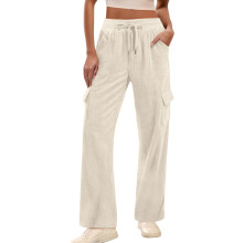 Womens Corduroy Pants Casual High Elastic-Apricot XL