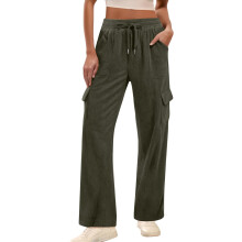 Womens Corduroy Pants Casual High Elastic-Army Green XL