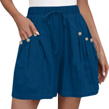 Womens Shorts Casual Elastic Waist Drawstring -Blue L