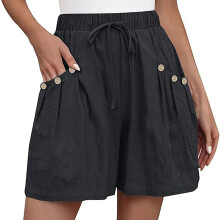 Womens Shorts Casual Elastic Waist Drawstring -Black S
