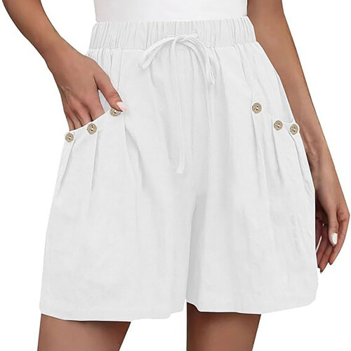 Womens Shorts Casual Elastic Waist Drawstring -White M