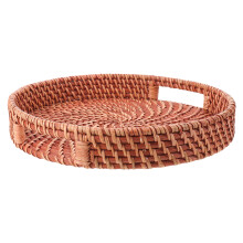 Round Coffee Color Woven Rattan Tray for Desk Vanity Organizer