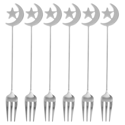 6Pcs Silver Stainless Steel Fruit Forks Star Moon Pattern for Desserts