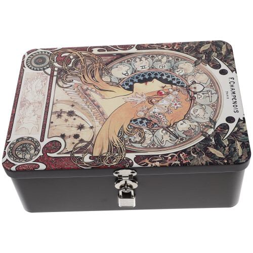 Caixa de metal vintage com tampa e cadeado.