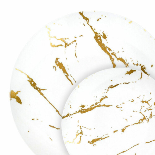 Pratos descartáveis para jantar, branco e dourado, 7 polegadas e 10 polegadas, 40 unidades.