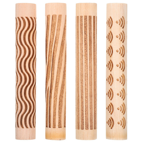 4Pcs Natural Wood Clay Texture Rollers for Craft Pottery and Sculpture