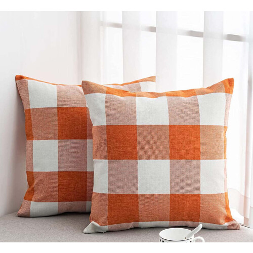 Conjunto de capas de almofada xadrez búfalo laranja e branca, 45x45cm (18x18 polegadas) 1