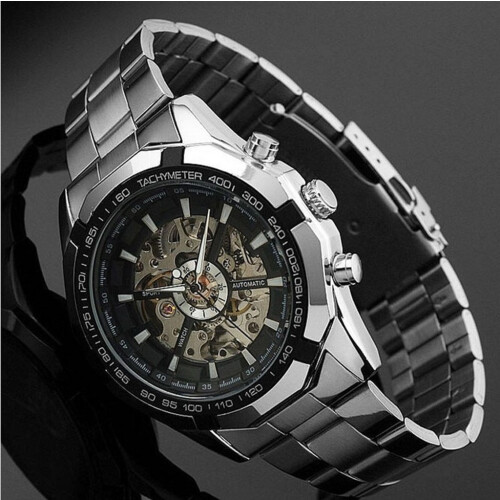 Men's Skeleton Automatic Watch Silver Stainless Steel 2