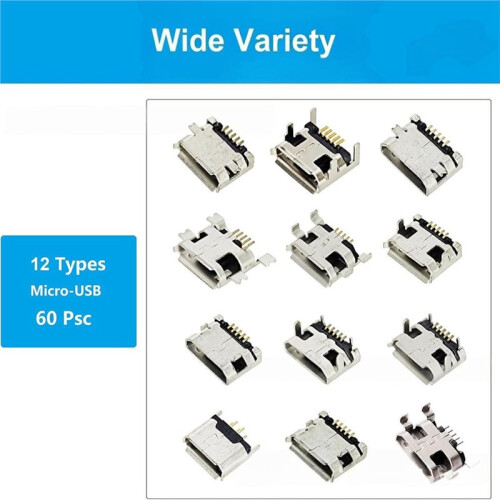 60PCS Micro-USB Female Connector Kit 5-Pin USB Socket 12 Types Micro-USB 2