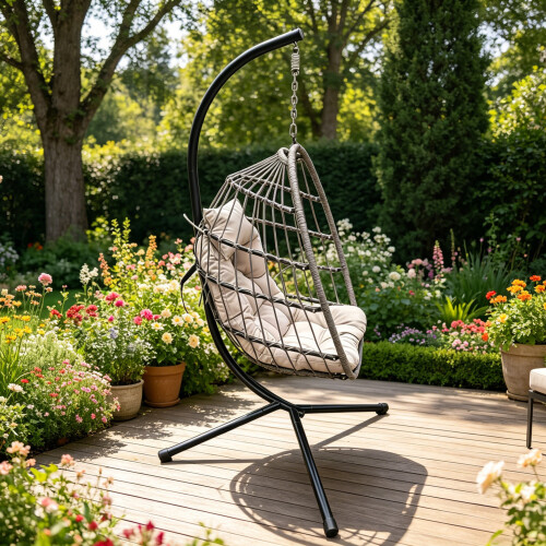 Fimous Fimous Rattan Single Egg Hanging Chair & Cushion 2