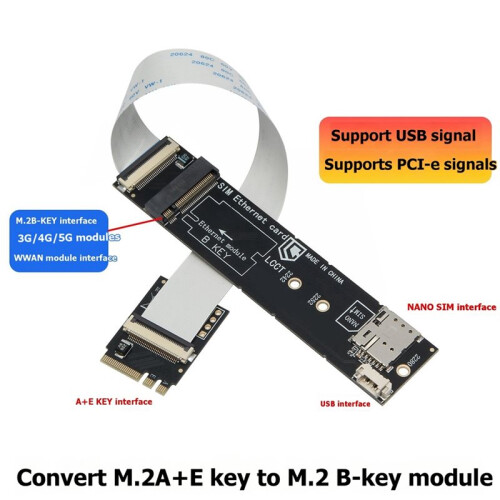 M.2 A+E Key Till M.2 Key-B WWAN-Adapterkort med  SIM-Kortplats, Stöder 3G/4G/5G-Moduler och USB/PCI-E-Signaler 1