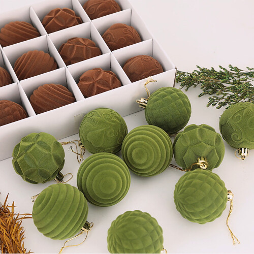 Flocked Christmas Baubles 6cm Brown 12-Pack 2