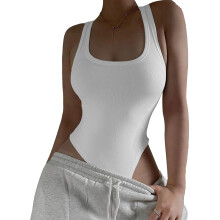 Body feminino sem mangas com decote redondo, top de camada elástica com costas nadador e fecho de pressão, peça única de malha justa para uso