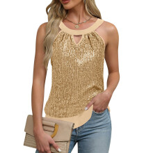 Glitter Vest Halter Neck Tie Back Sparkly Sequins Tank-Gold XL