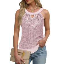 Sparkling Halter Neck Tank Top Tie Back Loose Fit-pink XL