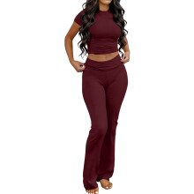 Lounge Sets for Women 2 Piece Foldover Yoga Flare-Burgundy S