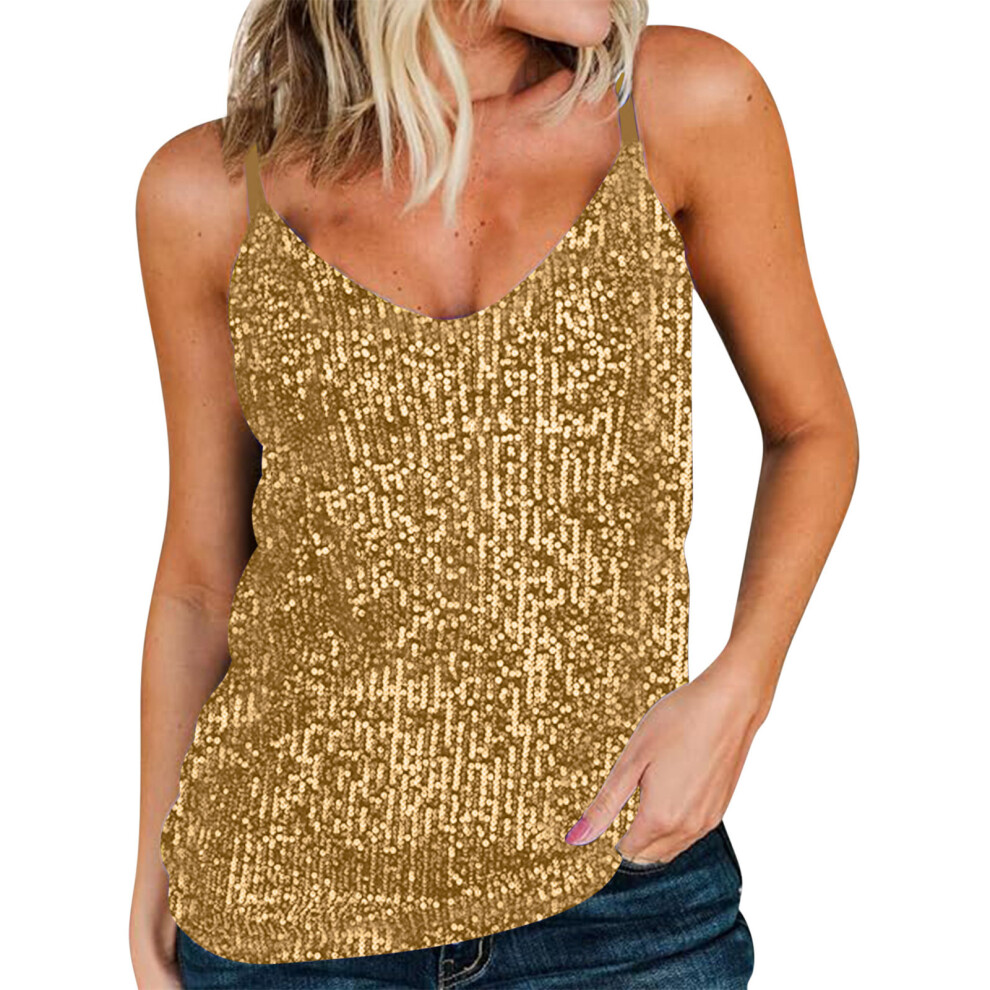 Gold Women Sequins Tank Tops Sparkly Sequins Camisole Tops- M