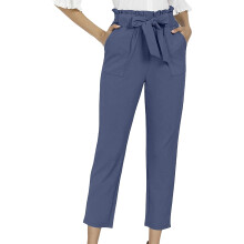 Women's Hight Waisted Work Pants Cropped Paper Bag-blue gray S