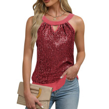 Women's Fashion Halter Neck Sparkly Sequins Vest With-Claret L