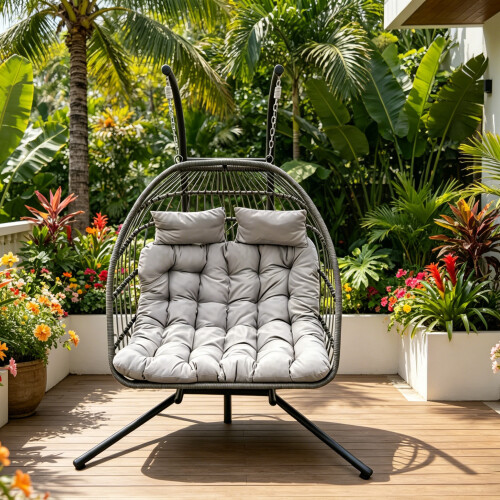 Fimous Fimous Rattan Double Egg Hanging Chair Grey Cushion 1
