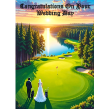 WEDDING CARD WITH A BRIDE & GROOM ON A GOLF COURSE