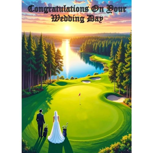 WEDDING CARD WITH A BRIDE & GROOM ON A GOLF COURSE