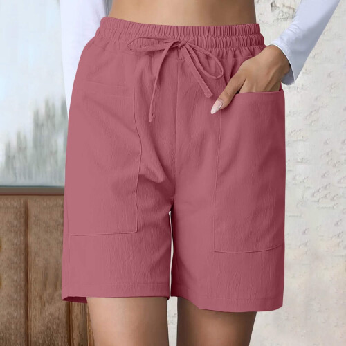Womens High Waist Wide Leg Shorts with Pockets Solid-Apricot M 1