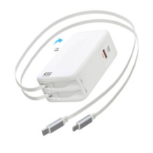 Carregador de Parede Retrátil de 45 W, Bloco de Carregamento Dobrável 4 em 1 com Cabos Duplos para Carregar Celulares e Laptops, Plugue Americano.